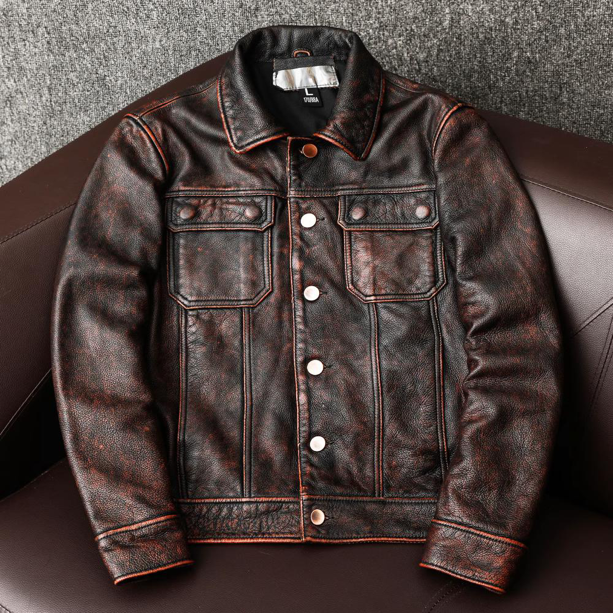 Veste en cuir de moto rétro marron résistant