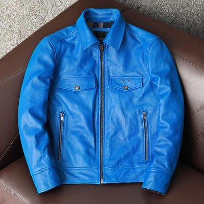 Veste en cuir de motard bleue de style coréen