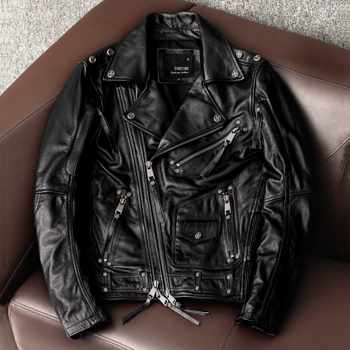 Men's Heavy Black Biker Motorcycle Leather Jacket