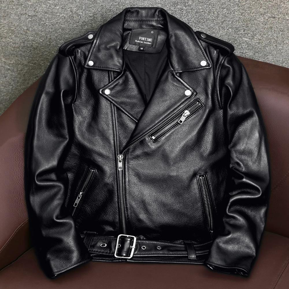 Veste de moto confortable en cuir véritable