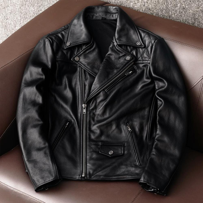 Large Lapel Plaid Back Genuine Leather Jacket