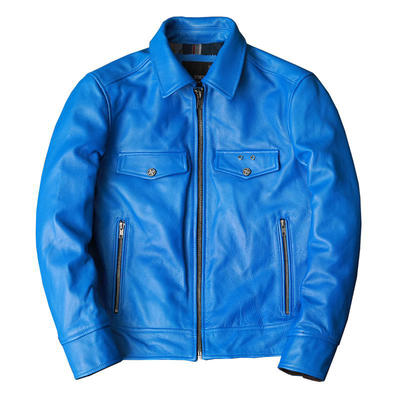 Veste en cuir de motard bleue de style coréen