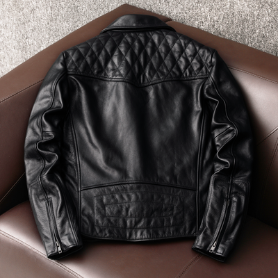 Large Lapel Plaid Back Genuine Leather Jacket