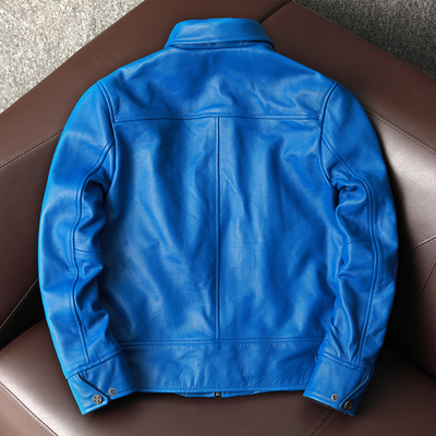 Veste en cuir de motard bleue de style coréen