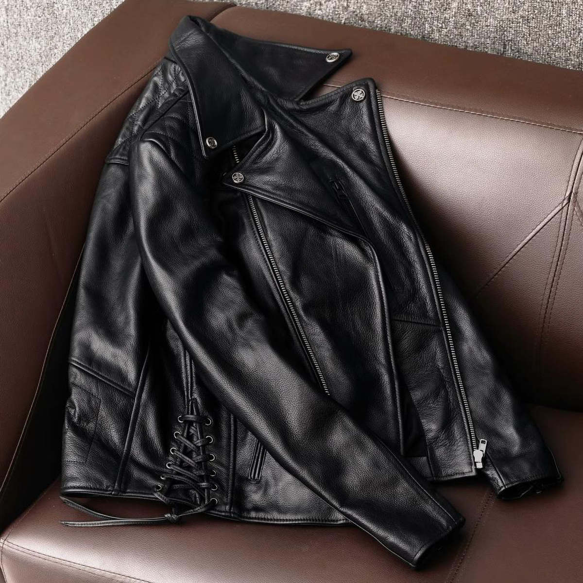 Large Lapel Plaid Back Genuine Leather Jacket