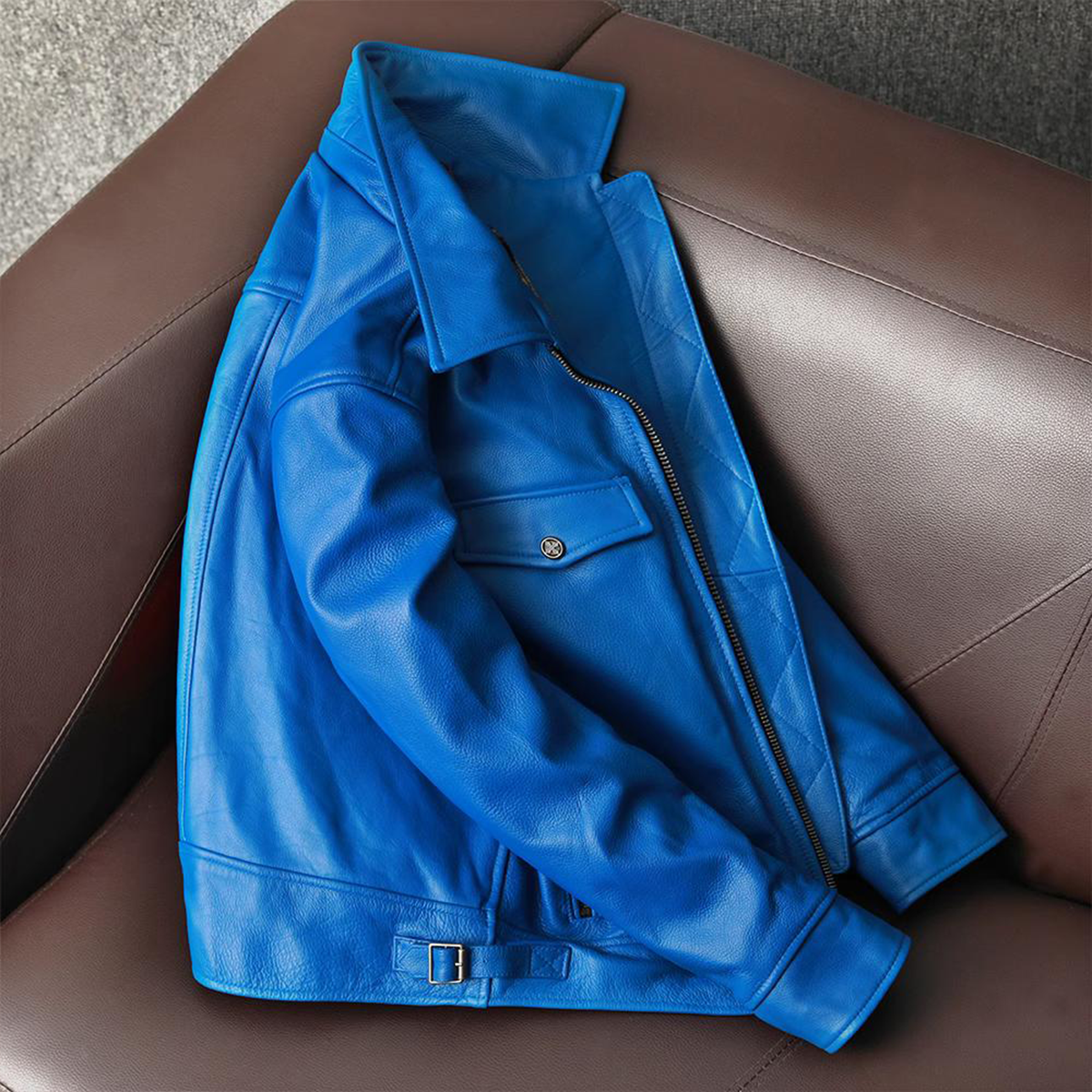 Korean Style Blue Biker Leather Jacket