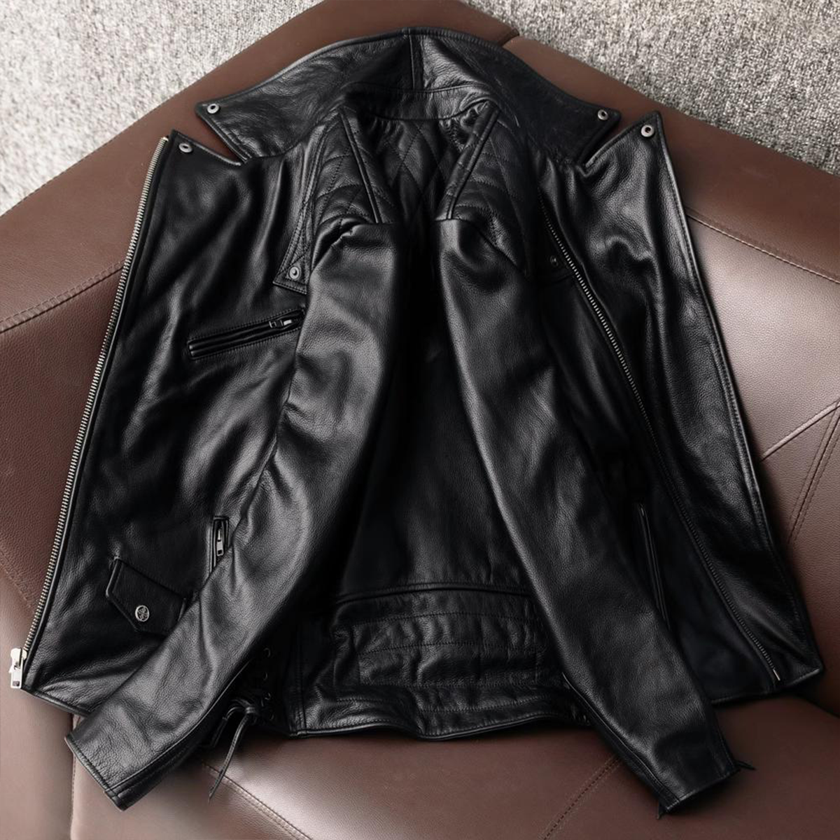 Large Lapel Plaid Back Genuine Leather Jacket