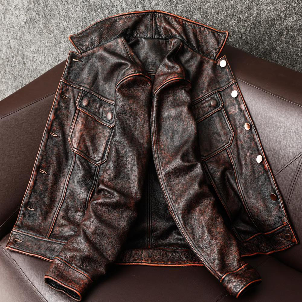 Veste en cuir de moto rétro marron résistant