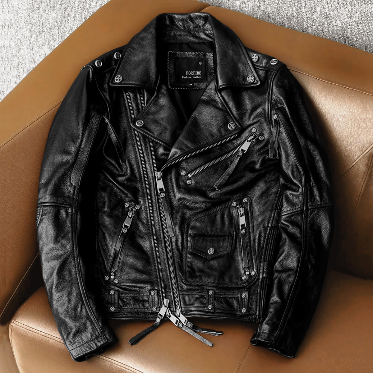 Veste de moto en cuir noir épais pour homme
