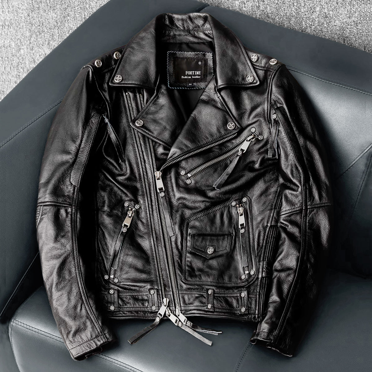 Men's Heavy Black Biker Motorcycle Leather Jacket