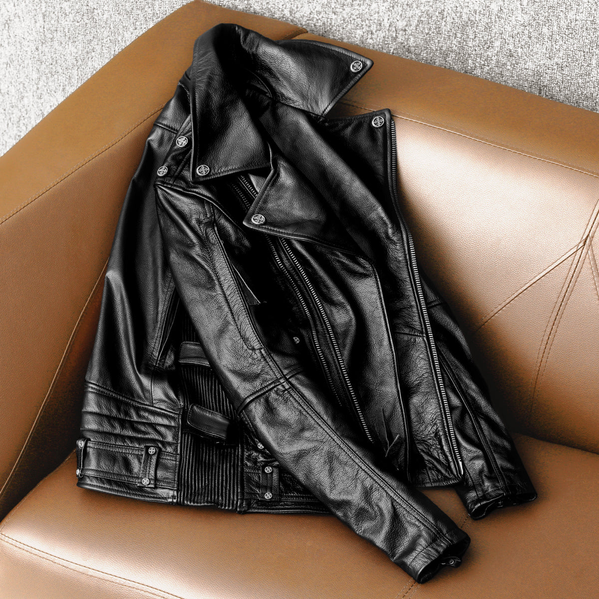 Veste de moto en cuir noir épais pour homme