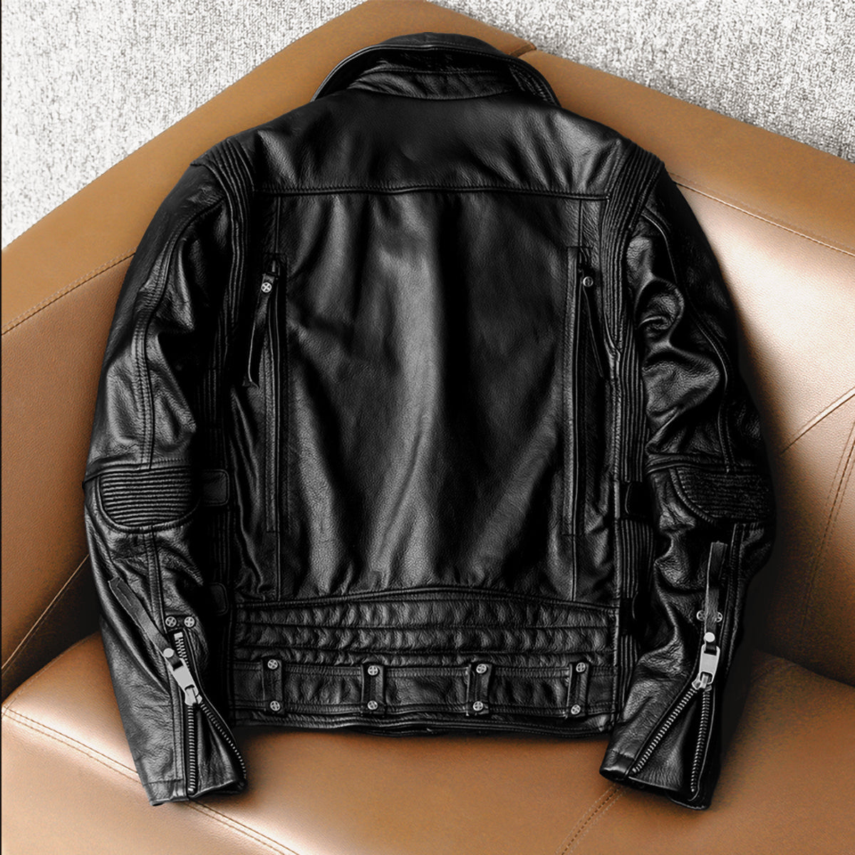 Veste de moto en cuir noir épais pour homme
