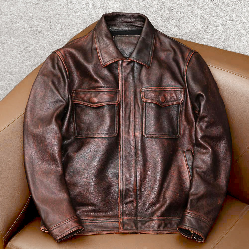 Veste de moto en cuir véritable marron épais