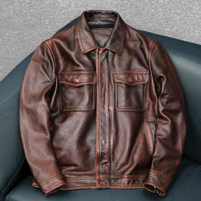 Veste de moto en cuir véritable marron épais