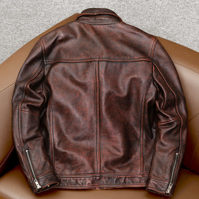 Veste de moto en cuir véritable marron épais