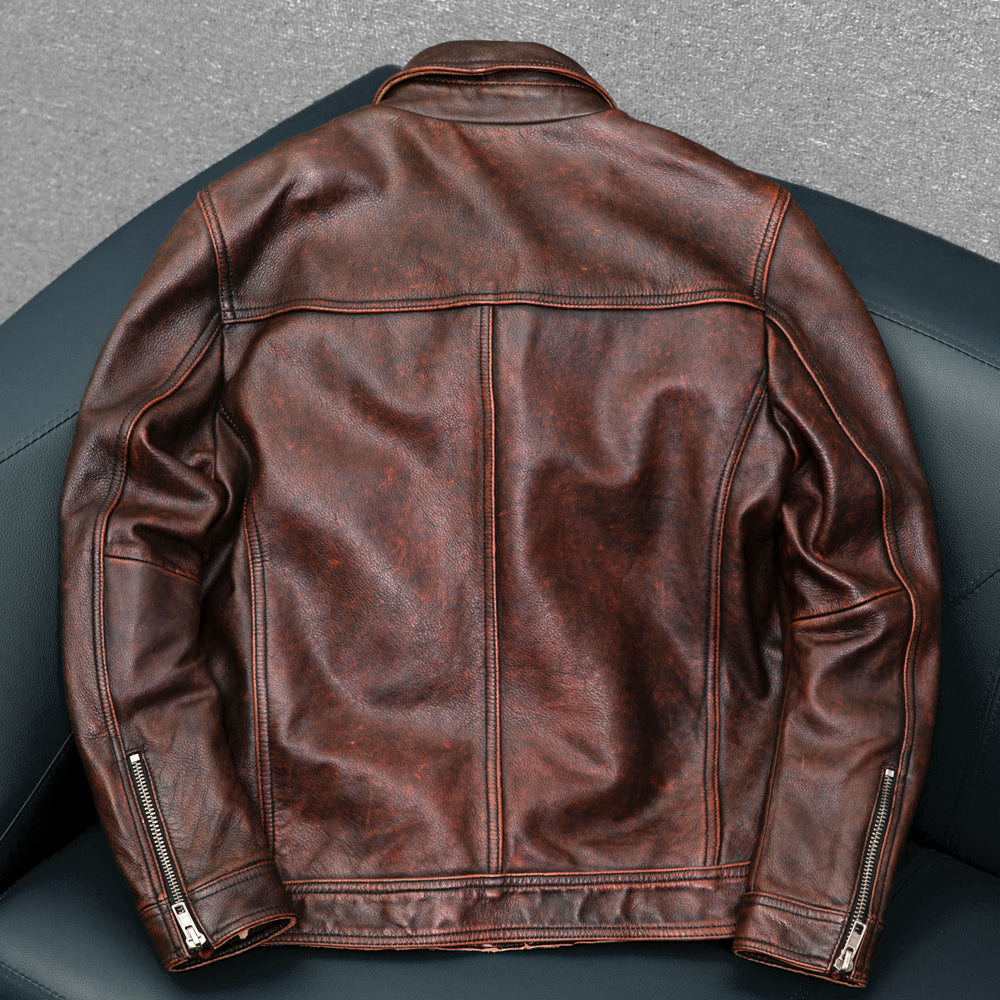 Veste de moto en cuir véritable marron épais