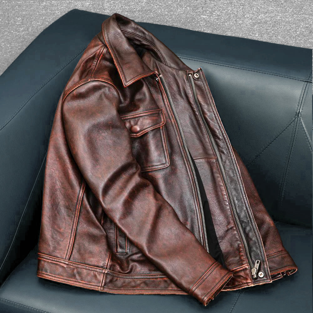 Veste de moto en cuir véritable marron épais