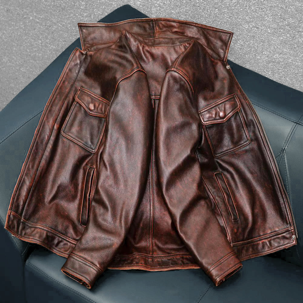 Veste de moto en cuir véritable marron épais
