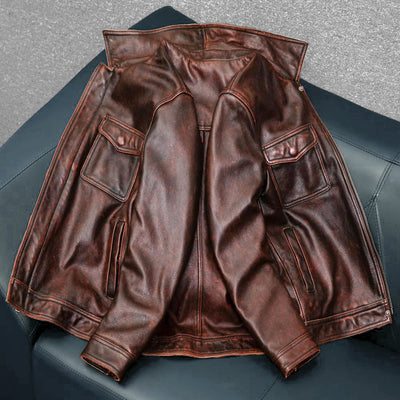 Veste de moto en cuir véritable marron épais