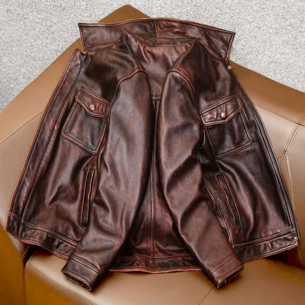 Veste de moto en cuir véritable marron épais