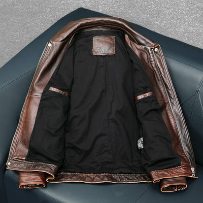 Veste de moto en cuir véritable marron épais