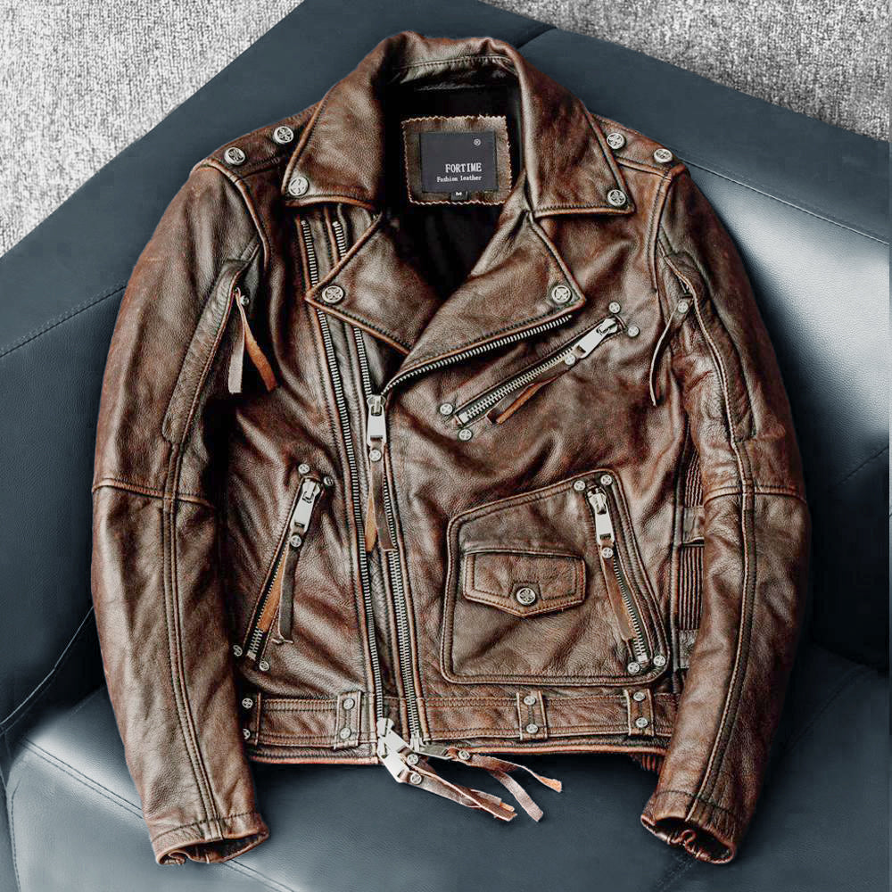 Nostalgic Retro Motorcycle Genuine Leather Jacket