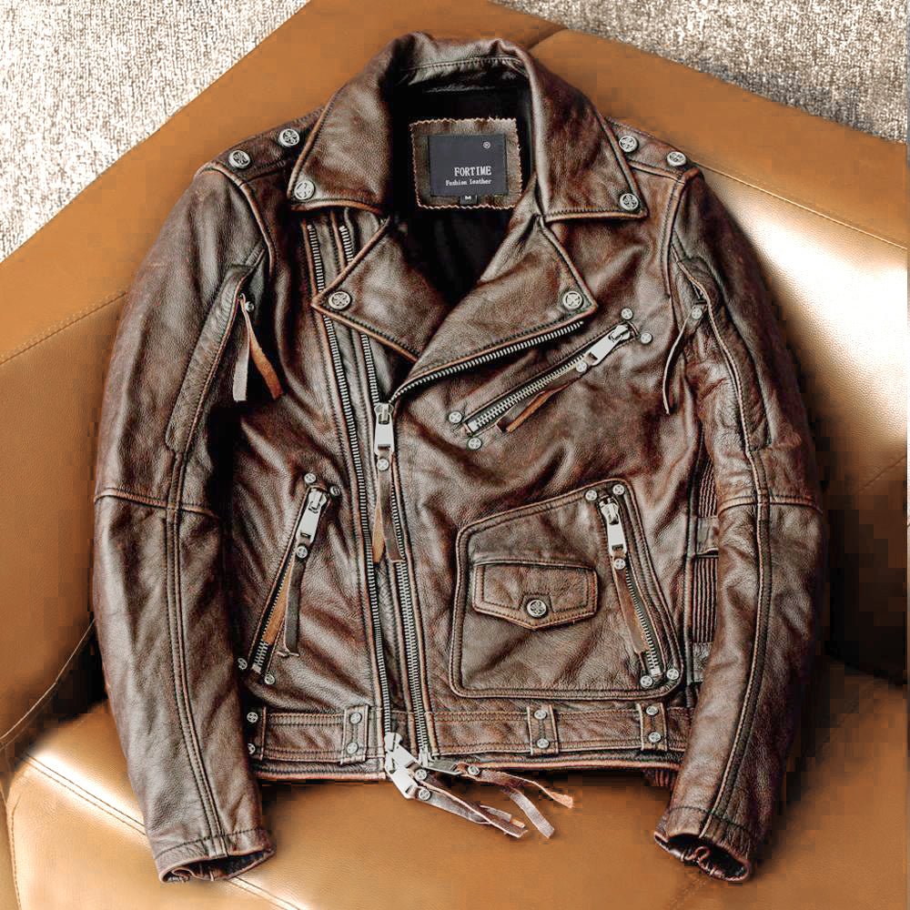 Nostalgic Retro Motorcycle Genuine Leather Jacket