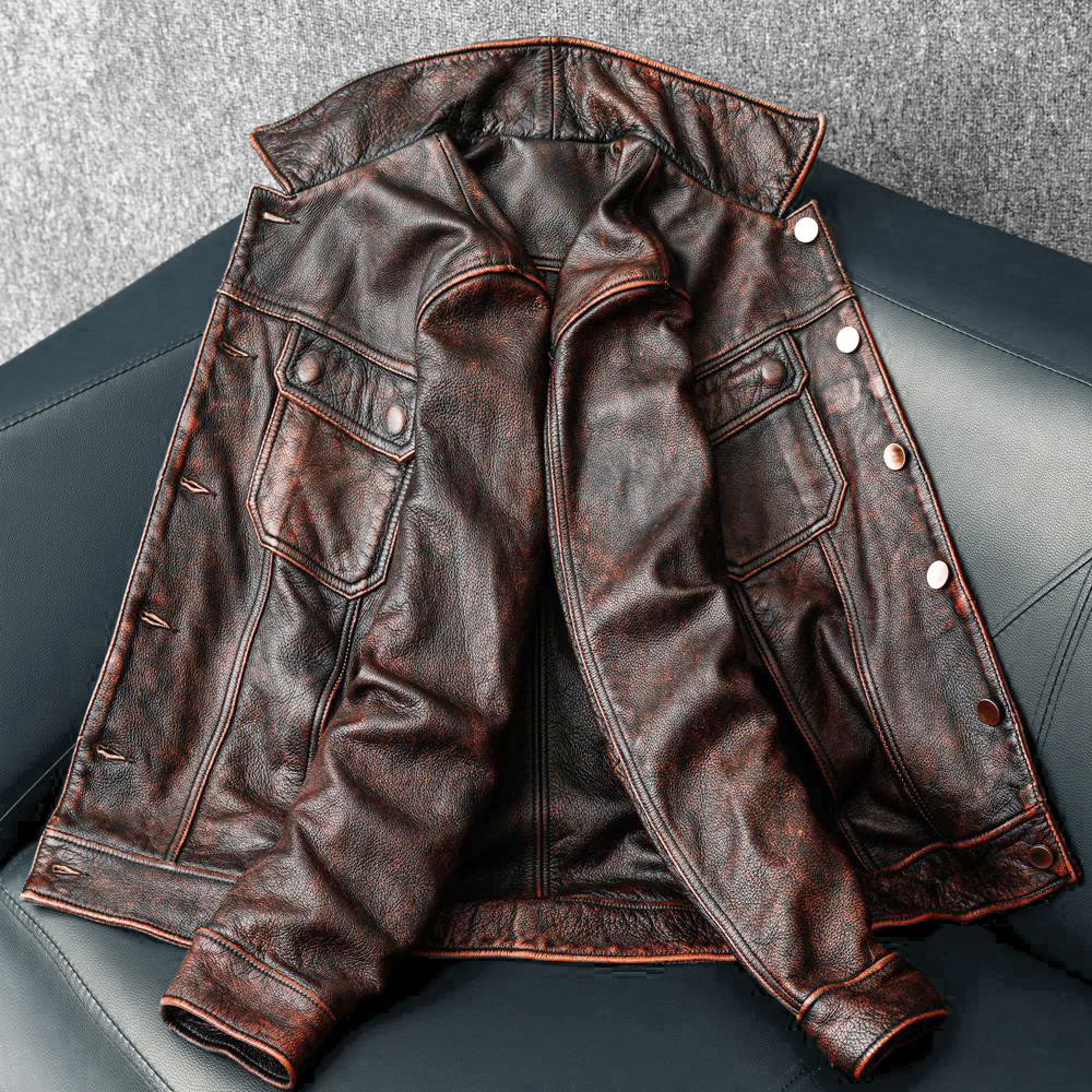 Veste en cuir de moto rétro marron résistant