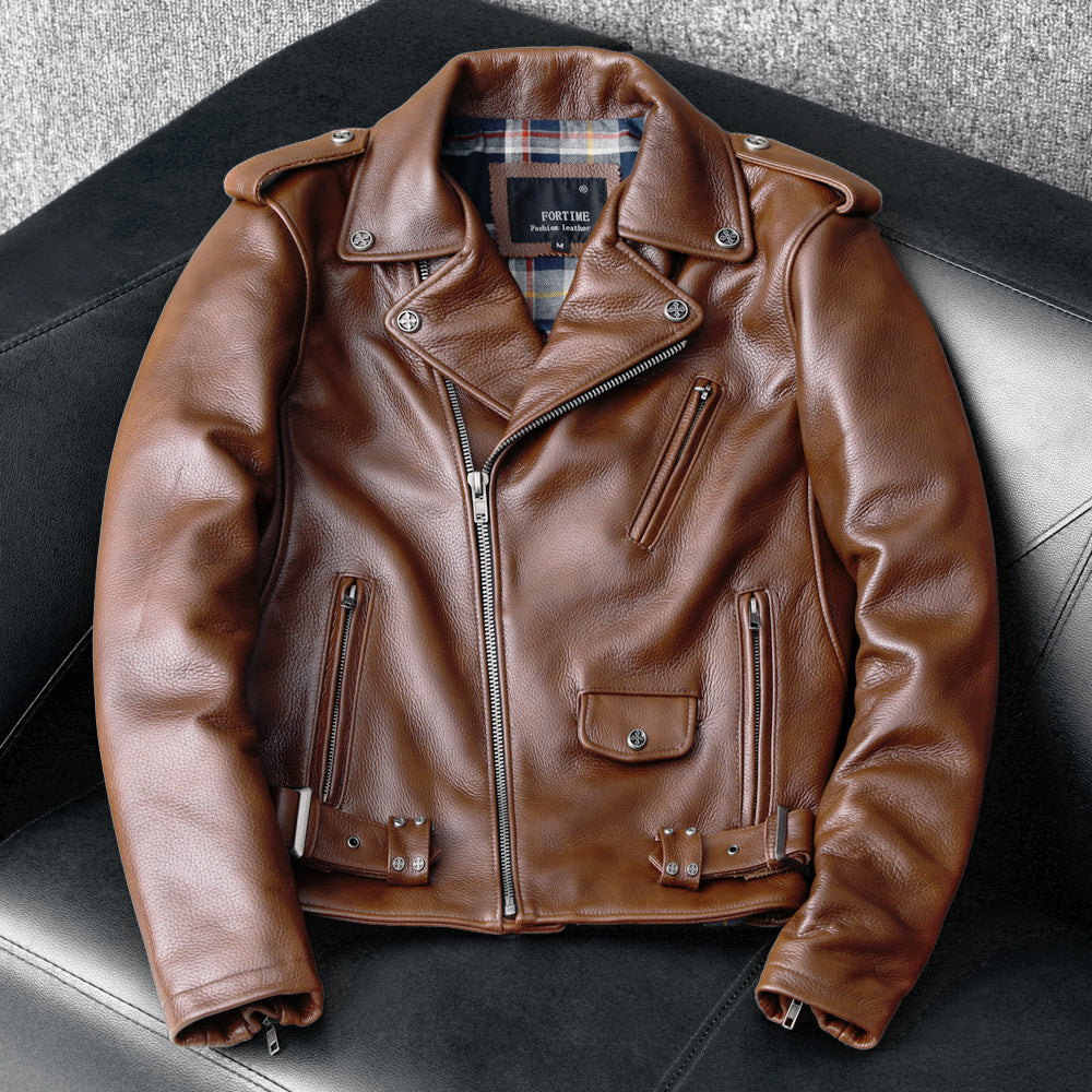 Biker Oil Wax Thick Cowhide Leather Jacket