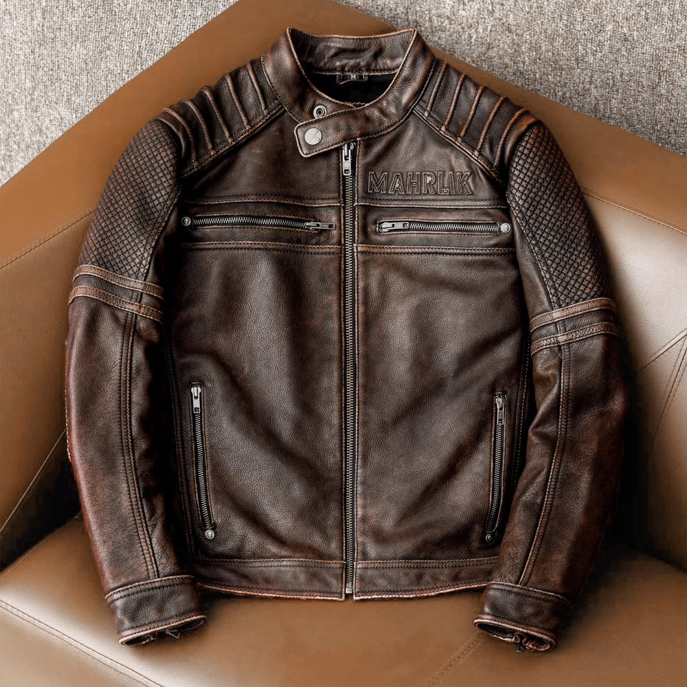 Heavy Brown Stand Collar Motorcycle Leather Jacket