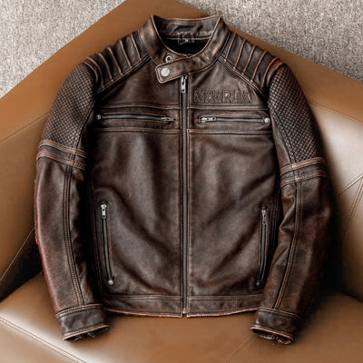 Heavy Brown Stand Collar Motorcycle Leather Jacket