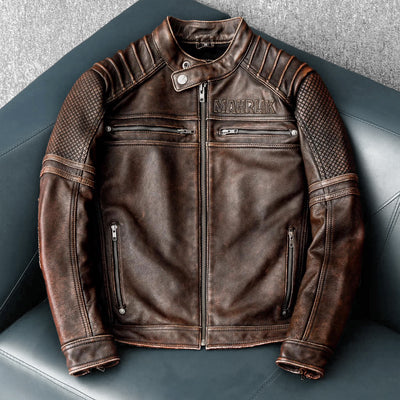 Veste de moto en cuir marron épais à col montant