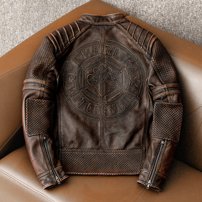 Heavy Brown Stand Collar Motorcycle Leather Jacket