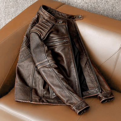 Heavy Brown Stand Collar Motorcycle Leather Jacket