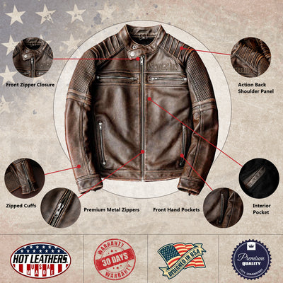 Heavy Brown Stand Collar Motorcycle Leather Jacket