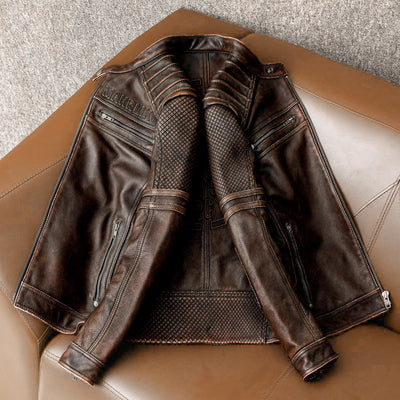 Heavy Brown Stand Collar Motorcycle Leather Jacket