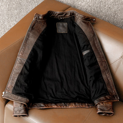Heavy Brown Stand Collar Motorcycle Leather Jacket