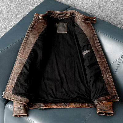 Veste de moto en cuir marron épais à col montant