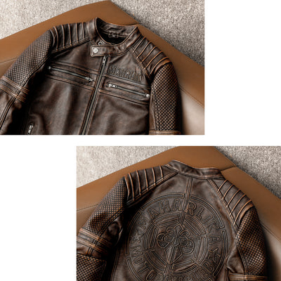 Heavy Brown Stand Collar Motorcycle Leather Jacket