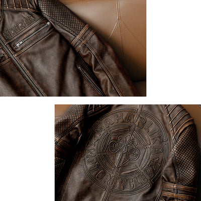 Heavy Brown Stand Collar Motorcycle Leather Jacket