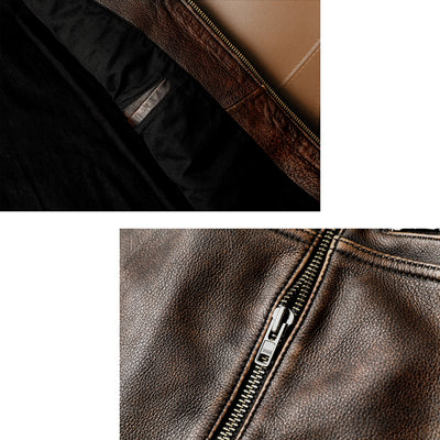 Heavy Brown Stand Collar Motorcycle Leather Jacket