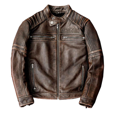Veste de moto en cuir marron épais à col montant