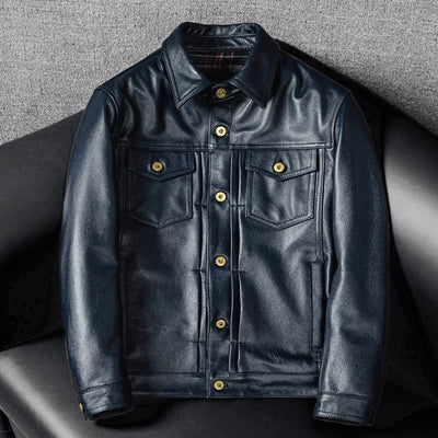 Motorcycle Lapel Blue Denim Genuine Leather Jacket
