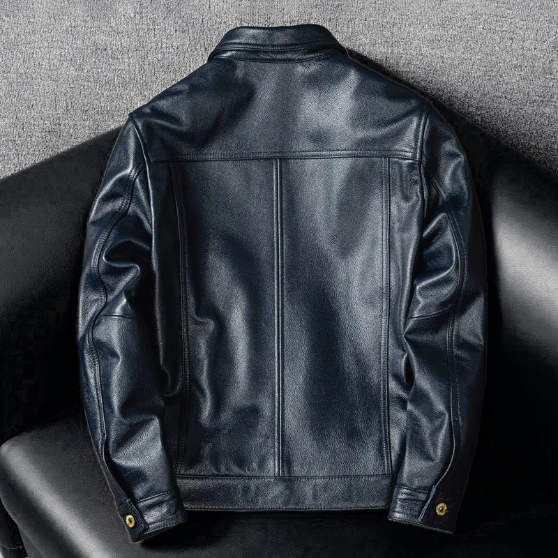 Motorcycle Lapel Blue Denim Genuine Leather Jacket