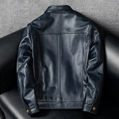 Motorcycle Lapel Blue Denim Genuine Leather Jacket