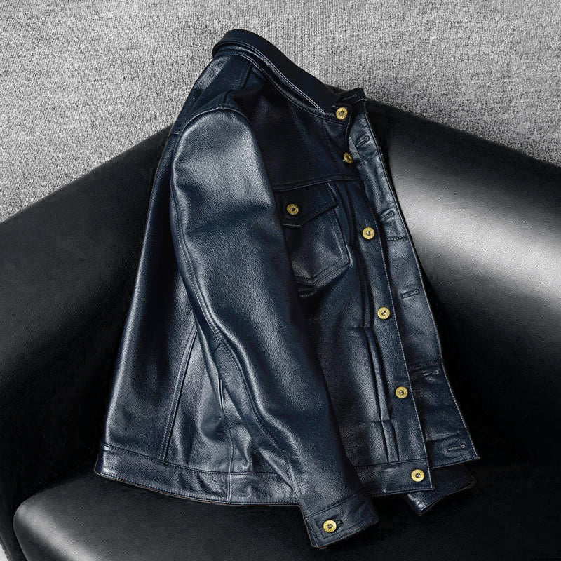 Motorcycle Lapel Blue Denim Genuine Leather Jacket