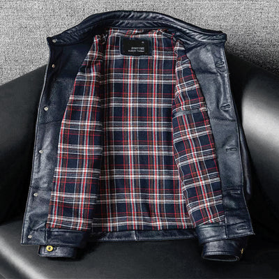 Motorcycle Lapel Blue Denim Genuine Leather Jacket