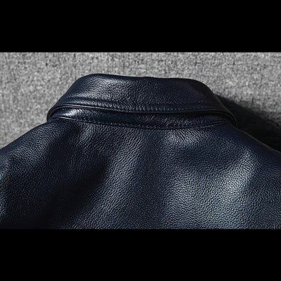 Motorcycle Lapel Blue Denim Genuine Leather Jacket