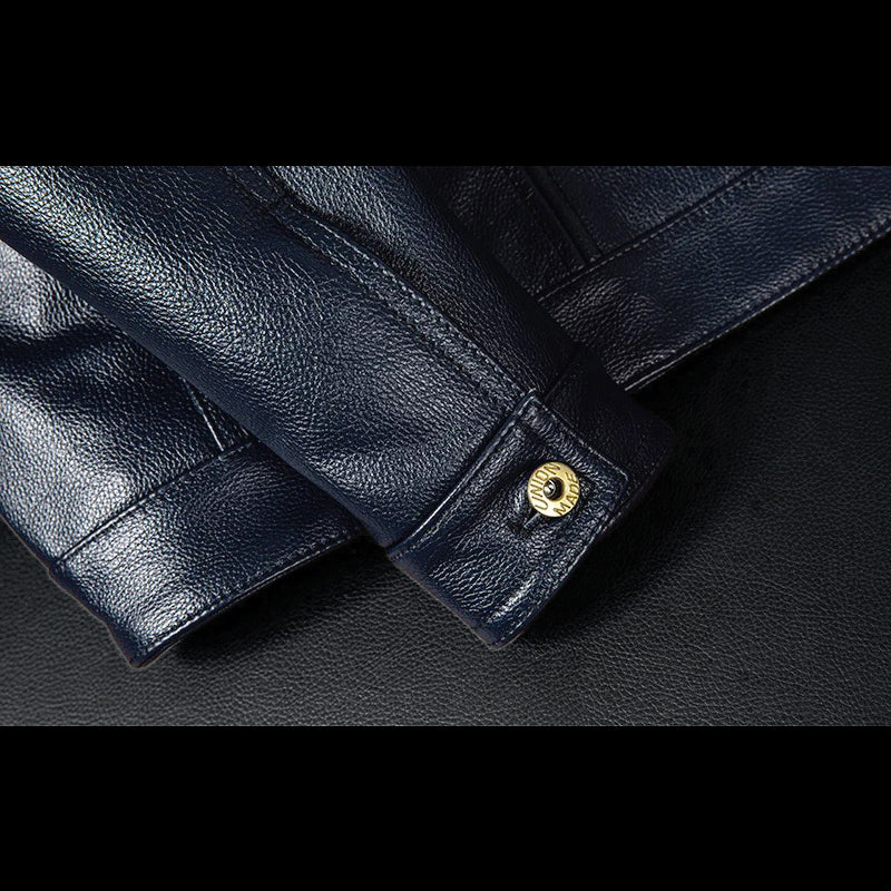 Motorcycle Lapel Blue Denim Genuine Leather Jacket