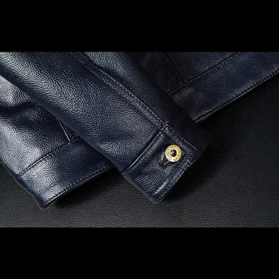Motorcycle Lapel Blue Denim Genuine Leather Jacket